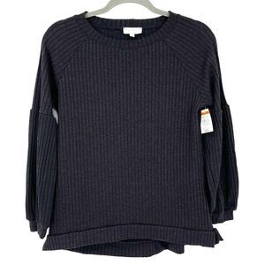 Status By Chenault Black Rib‎ Knit Crewneck Lantern Sleeve Soft Top NWT Women XS